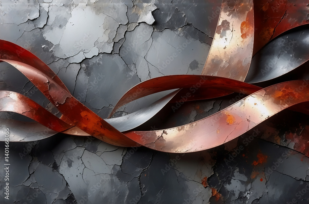 Poster abstract orange and silver ribbons flow across a textured grey backdrop, creating a dynamic and indu