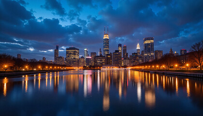 Urban skyline at dusk reflecting in calm water  