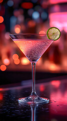 Elegant pink cocktail served in a chic glass with a lime garnish in a vibrant bar environment