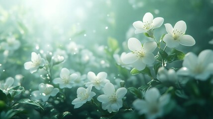 Close-up of Delicate White Flowers in a Serene Garden bathed in Soft Sunlight. The image evokes feelings of peace, tranquility, and the simple beauty of nature.