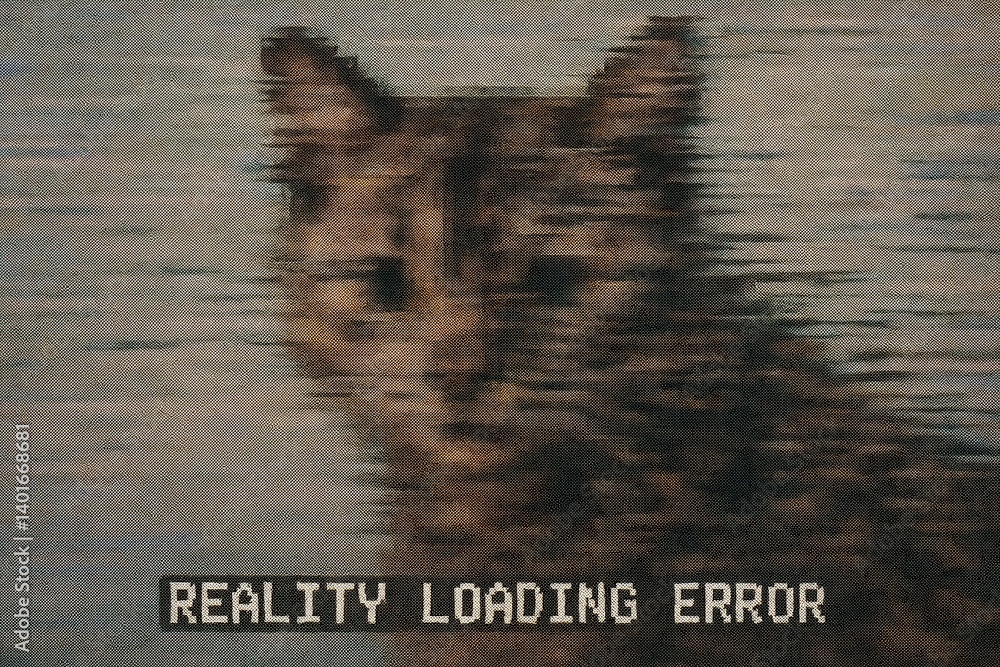 Poster pixelated cat glitch : surreal style collection featuring error and tech themes