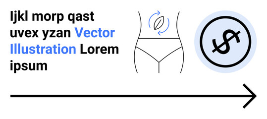Female body outline with arrows suggesting movement, dollar sign symbol representing value or cost, and text layout. Ideal for wellness, health, fitness, economics, anatomy, marketing and simple