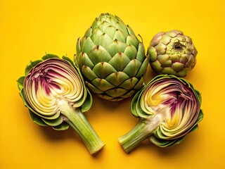 Fototapeta premium Fresh Raw Artichokes Flat Lay Yellow Background