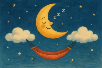 Dreamy night sky  : moon, stars, clouds, and hammock in whimsical linear style