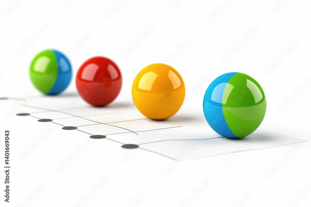 Poster analyzing business chart with colorful spheres demonstrating growth and progress