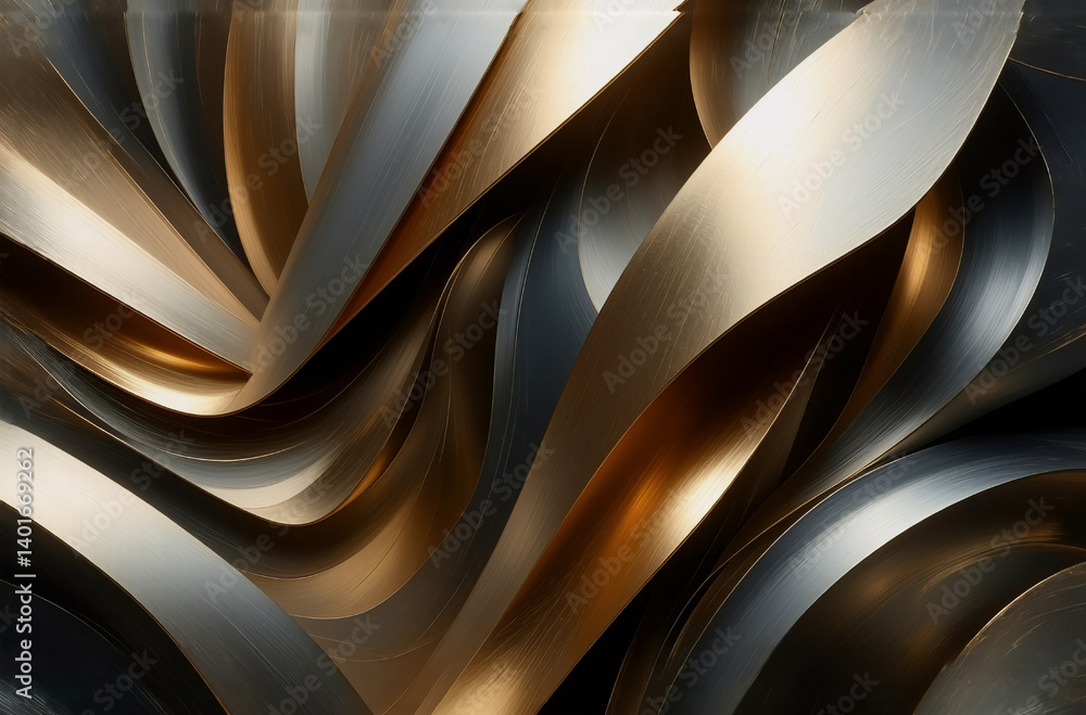 Poster abstract art with swirling metallic ribbons in gold and silver tones. overlapping layers create a dy