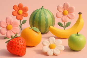 Surreal fruits and flowers  :  style featuring various fruits and florals