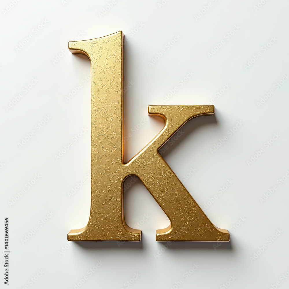 Poster elegant 3d gold lowercase letter k. metallic slab serif typography element with beveled edges, isola