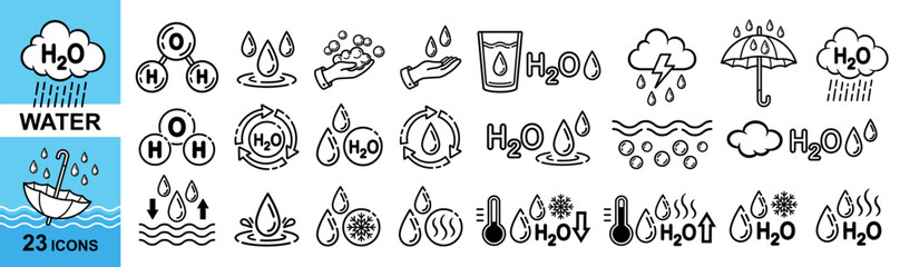 Water H2O molecule, rain drop, aqua drink glass, hot or cold liquid, wet cloud weather, humidity line icon. Heat cool temperature. Wash clean hand, moisture skin care cream. Waterproof umbrella vector