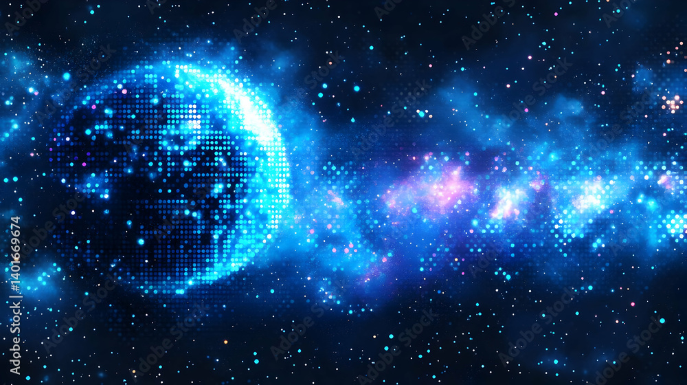 Poster abstract digital rendering of a distant glowing planet surrounded by a vibrant nebula and dazzling s