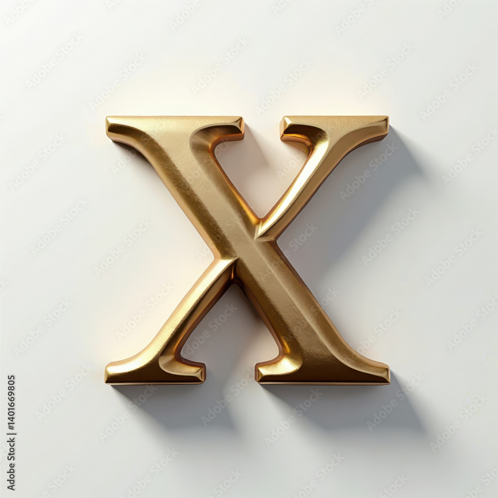 Poster elegant 3d gold lowercase letter x. metallic slab serif typography element with beveled edges, isola