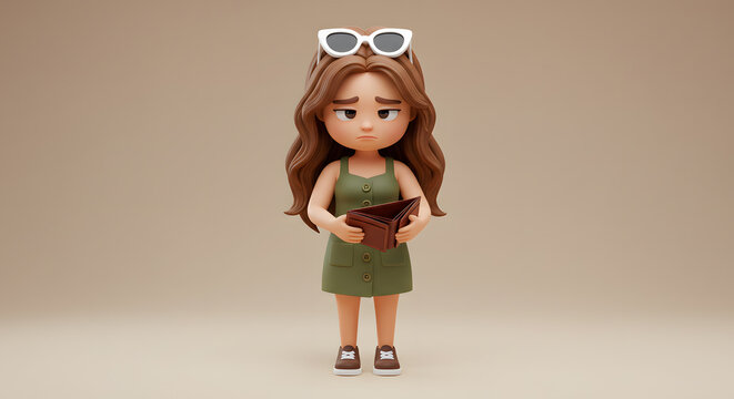 Depressed cartoon girl clutching an empty wallet, depicting financial difficulties and economic hardship during challenging times