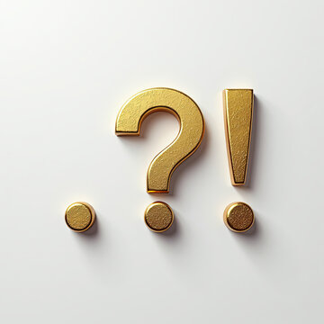 Set of 3D gold punctuation marks: period, question mark, exclamation point. Metallic slab serif symbols isolated on white. Typography design asset