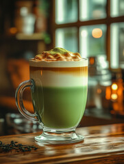 Delicious green tea matcha layered drink served in a modern cafe setting with soft lighting