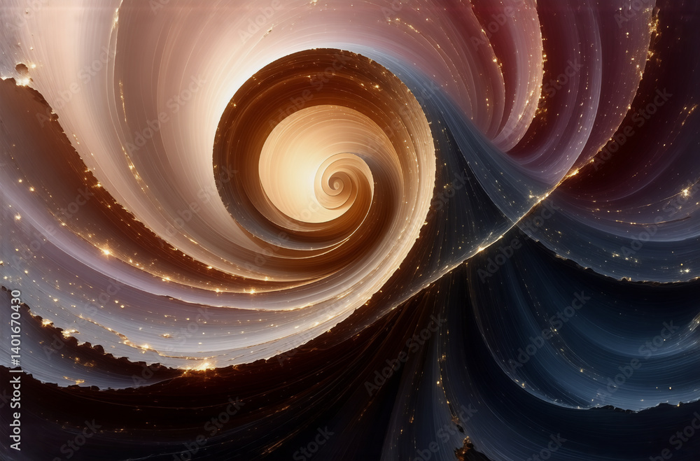Poster abstract swirl art with warm browns, pinks, and cool blues. golden sparkles highlight the spiraling 