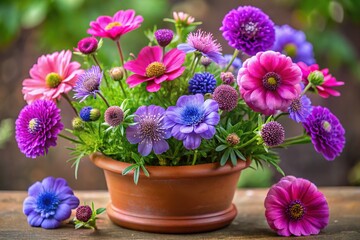 Pink Purple Green Flowers Dusty Pot