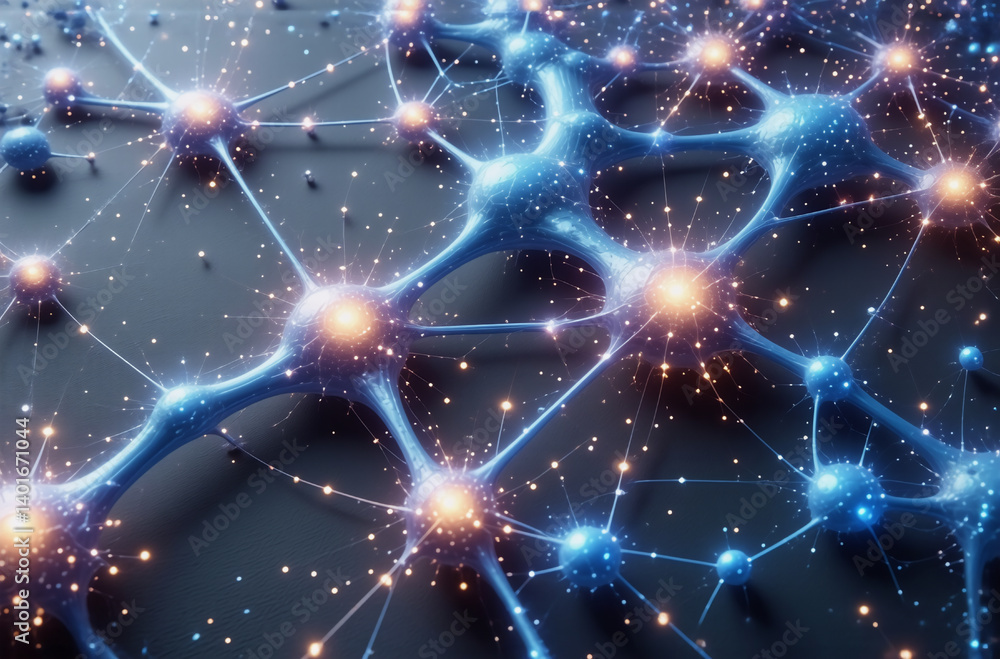 Poster abstract network of glowing nodes interconnected by lines, resembling neural pathways or digital sys