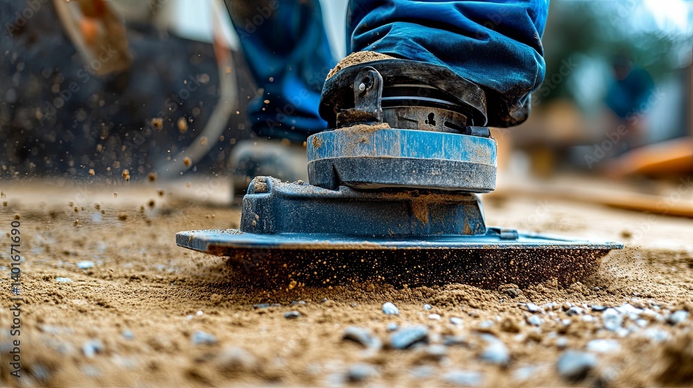 Poster a worker using a plate compactor on a construction site.