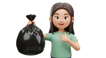 Cartoon woman presenting a black garbage bag, encouraging waste management and environmental responsibility through a clean community initiative