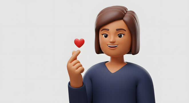 Cheerful 3D Animated Woman Expressing Affection with a Heart Gesture on a Clean Background