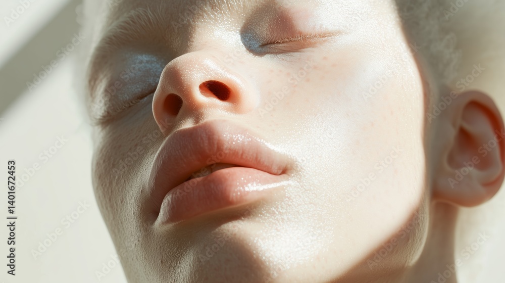 Poster close-up of a serene and elegant humanoid face captured in soft light highlighting delicate features