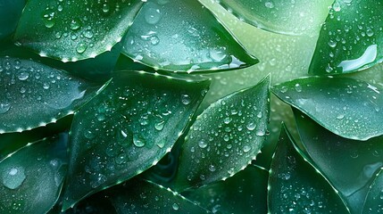 Obraz premium Aloe vera plant leaves with water droplets close up for skincare and natural remedies and wellness concept