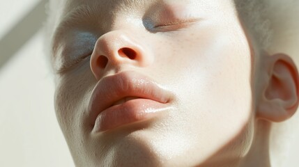 Fototapeta premium Close-up of a serene and elegant humanoid face captured in soft light highlighting delicate features and smooth skin