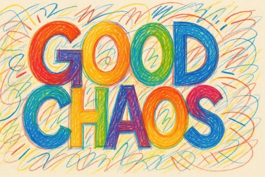 Vibrant hand-drawn "good chaos" text with colorful scribbles - creative energy theme