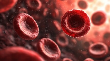 Fototapeta premium Dramatic close-up of red blood cells flowing through a dark, textured space, highlighting their unique biconcave shape