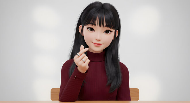 Charming 3D Animated Girl Sending a Heart Gesture with a Warm Smile and Burgundy Turtleneck Sweater