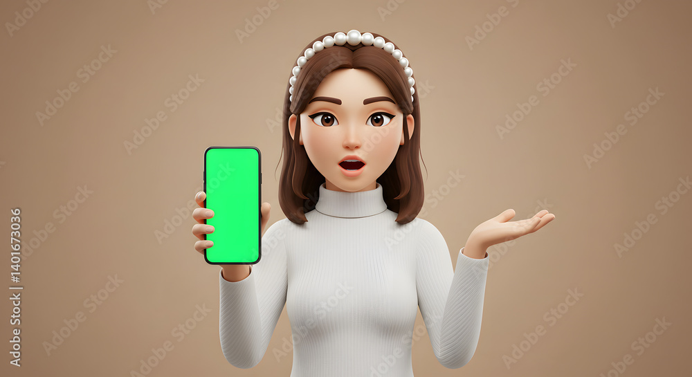 Poster enthusiastic 3d character displaying smartphone with green screen for promotional content integratio