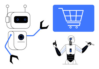 Robots interacting with a shopping cart and performing tasks with precision. Ideal for AI, robotics, e-commerce, automation, technology, innovation, futuristic concepts. Flat simple metaphor