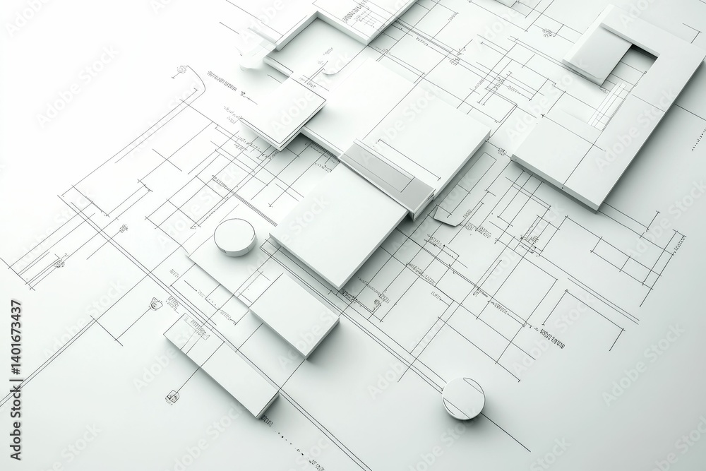 Poster creating architecture blueprint design layout with white elements on paper