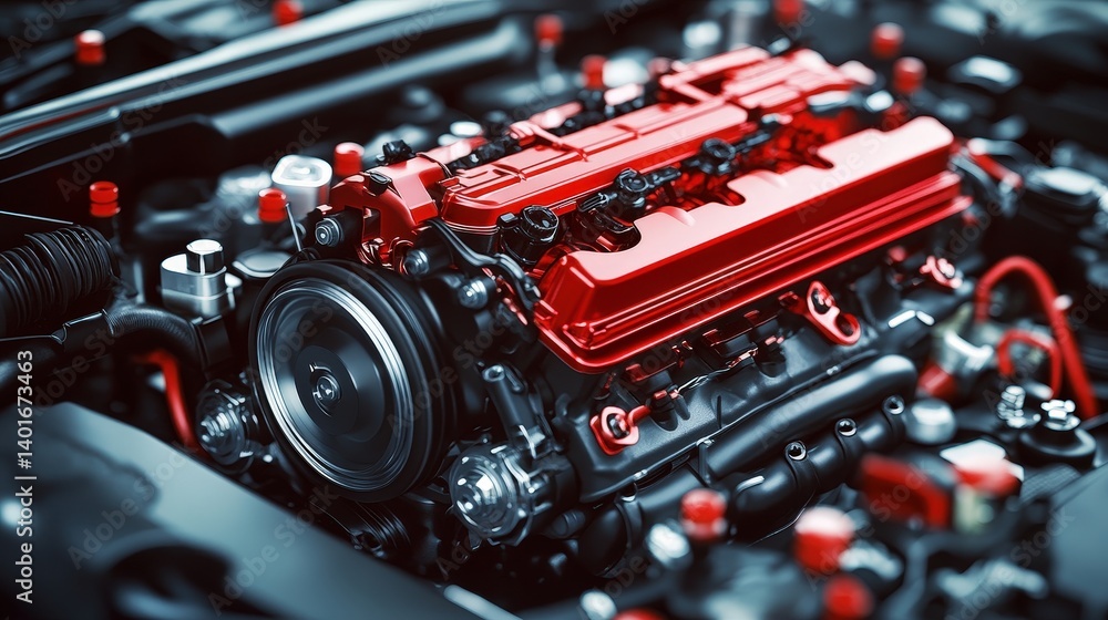 Poster close-up of a red engine with sleek design and detailed components