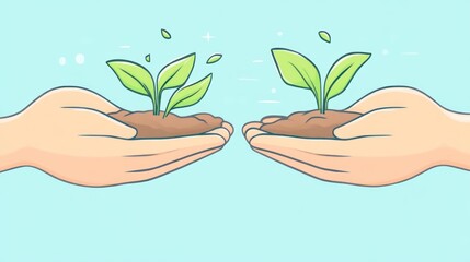 Hands Nurturing Growth Illustration of Two Hands Holding Soil with Sprouting Plants Against a