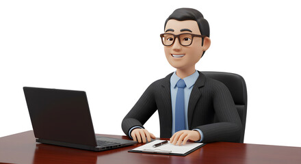 Animated professional at desk, a modern representation of corporate life and efficient workflow utilizing a laptop for enhanced productivity