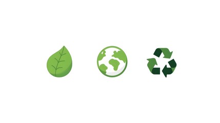 Ecological Symbols: Leaf, Earth, and Recycling icon on a white background