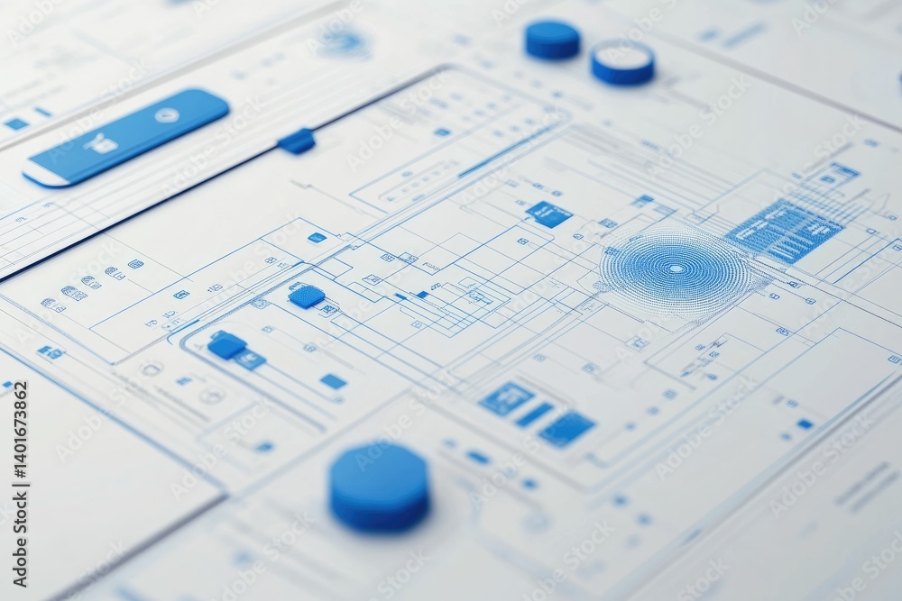 Poster blueprints and schematics design on white surface for engineering and planning