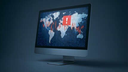 Global Cybersecurity Threat Detected on Computer Display with Warning Sign