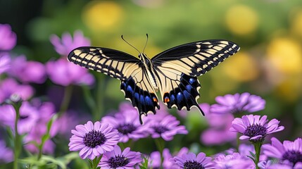 A monarch butterfly soars above a field of vibrant purple flowers.