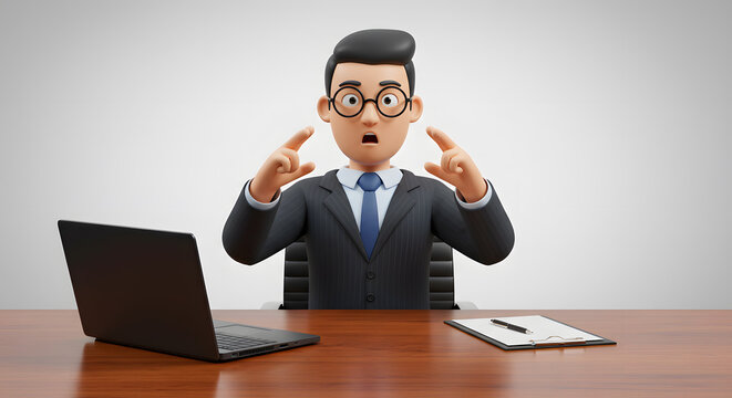 Cartoon businessman in disbelief at his desk facing a laptop with office objects portraying unexpected business obstacles