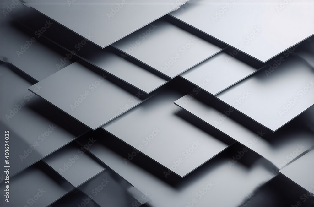 Poster geometric metallic squares overlap, creating a modern abstract pattern. the squares are arranged at 