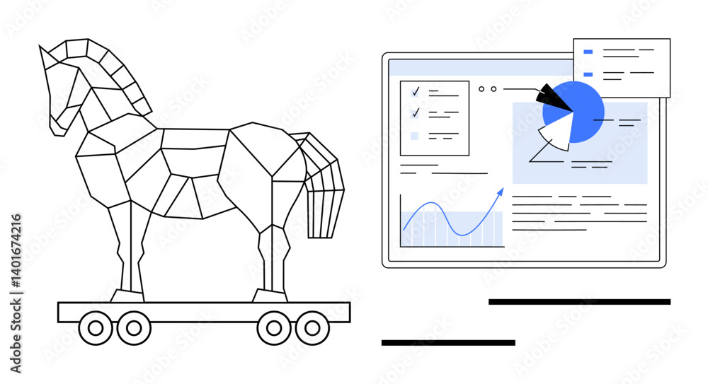 Wall mural geometric trojan horse next to analytics dashboard with pie chart, graphs, and data fields. ideal fo