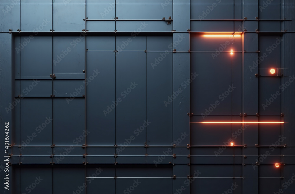 Aufkleber dark geometric panels with a grid pattern form a futuristic backdrop, accented by glowing orange lin