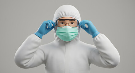 Rendering of a health professional adjusting protective eyewear in a hazmat suit against a clean gray backdrop