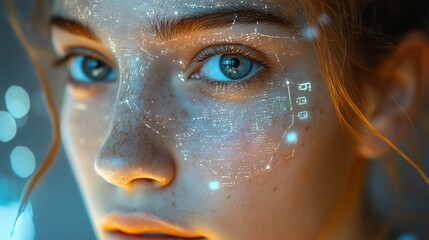 Futuristic woman face with digital hud display augmented reality ai technology and glowing skin effect