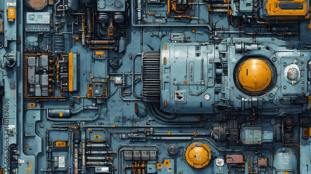 Poster detailed abstract mechanical background with complex blue and yellow geometric patterns for technolo