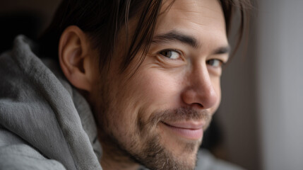 Fototapeta premium Close-up portrait of smiling caucasian young male in hoodie looking at camera - concept of fashion, lifestyle, personal care
