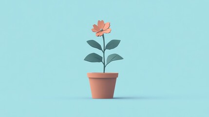 Minimalist Potted Plant with a Single Flower Against a Soft Blue Background  Ideal for Home De