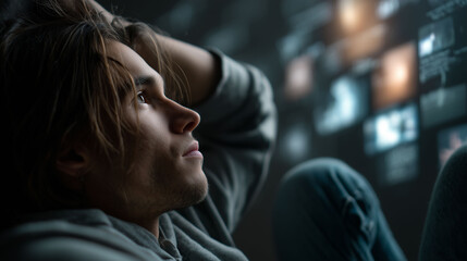 Young caucasian adult male with long hair engaged with futuristic holographic interface, concept of technology, innovation, creativity